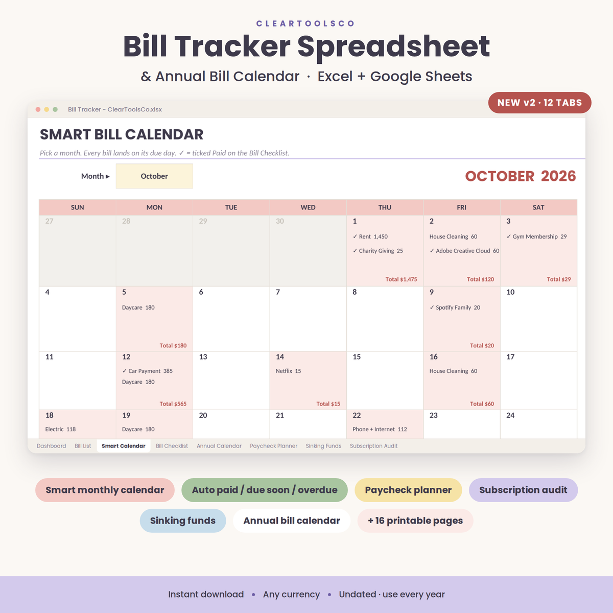 Bill Tracker Spreadsheet Google Sheets & Excel, Annual Bill Calendar, Subscription Tracker, Paycheck Budget, Sinking Funds, Monthly Budget