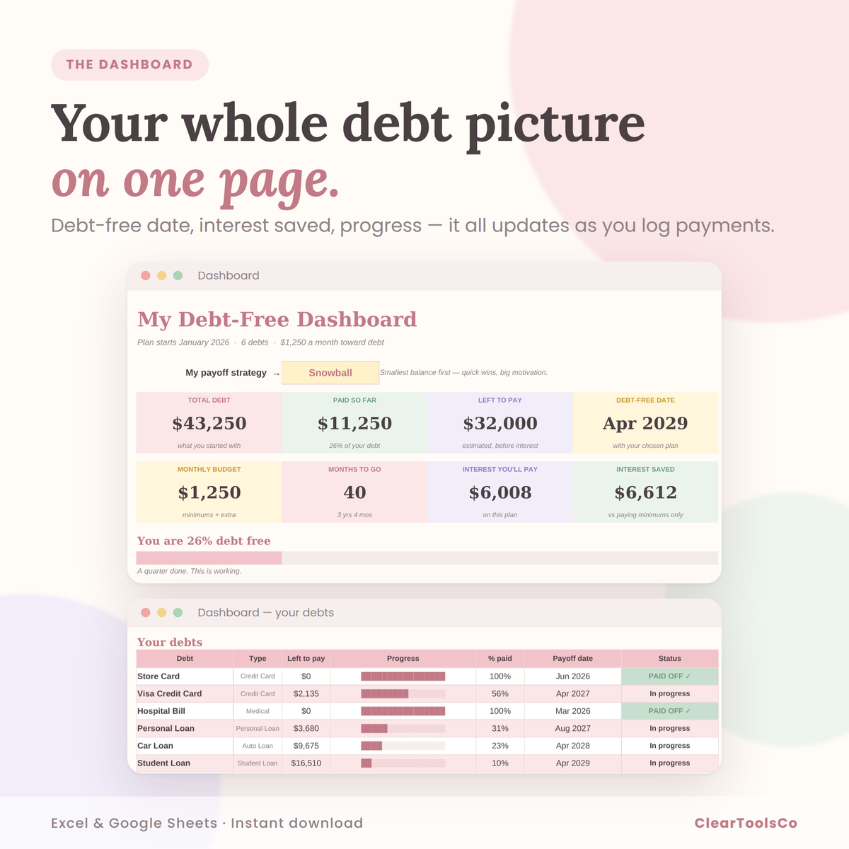 Debt Payoff Tracker Excel & Google Sheets, Debt Snowball Avalanche Spreadsheet, Credit Card Payoff, Debt Free Planner, Mortgage Calculator