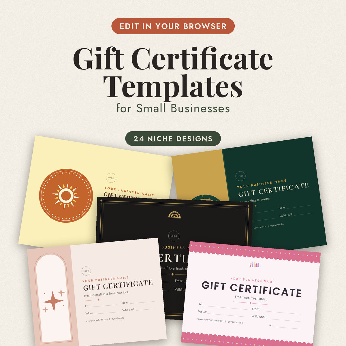 Editable Gift Certificate Template, Printable Gift Voucher for Small Business, Salon Spa Massage Photographer Gift Card, Instant Download