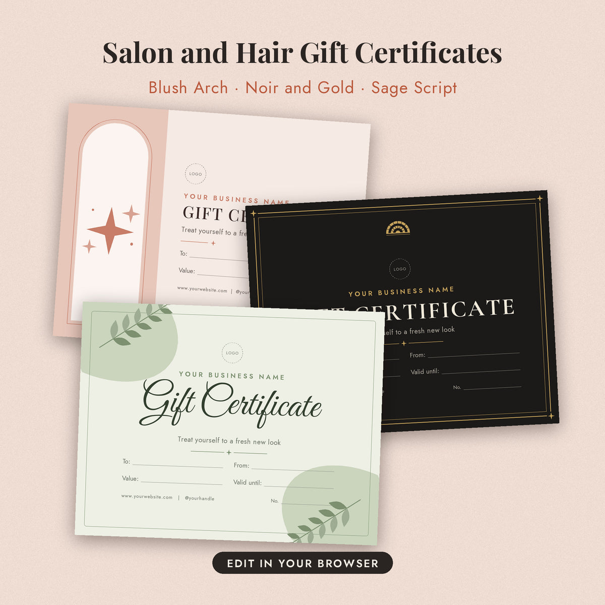 Editable Gift Certificate Template, Printable Gift Voucher for Small Business, Salon Spa Massage Photographer Gift Card, Instant Download