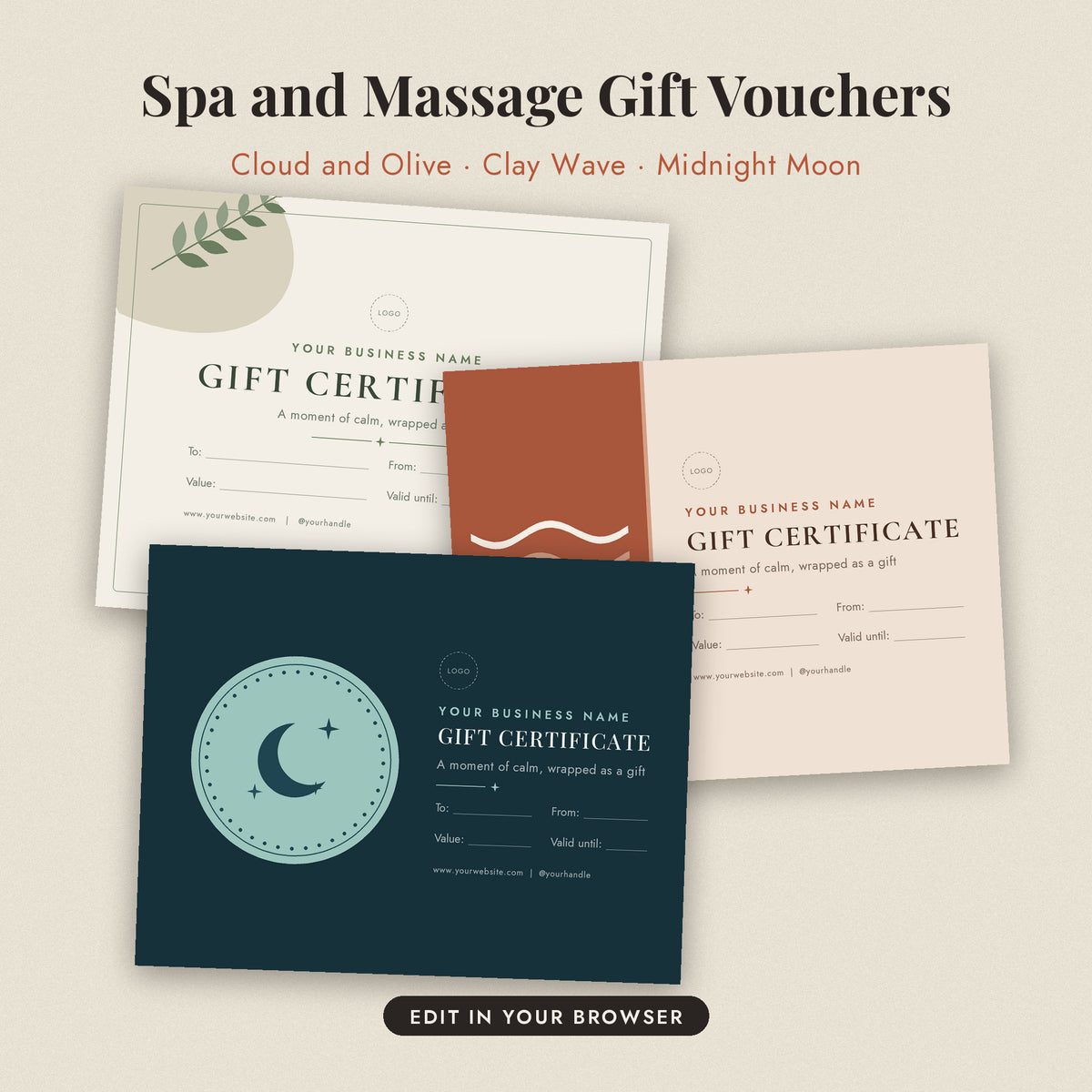 Editable Gift Certificate Template, Printable Gift Voucher for Small Business, Salon Spa Massage Photographer Gift Card, Instant Download