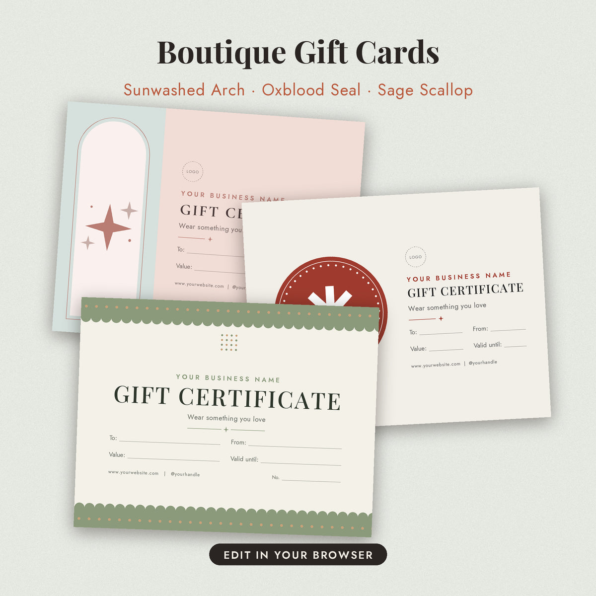 Editable Gift Certificate Template, Printable Gift Voucher for Small Business, Salon Spa Massage Photographer Gift Card, Instant Download
