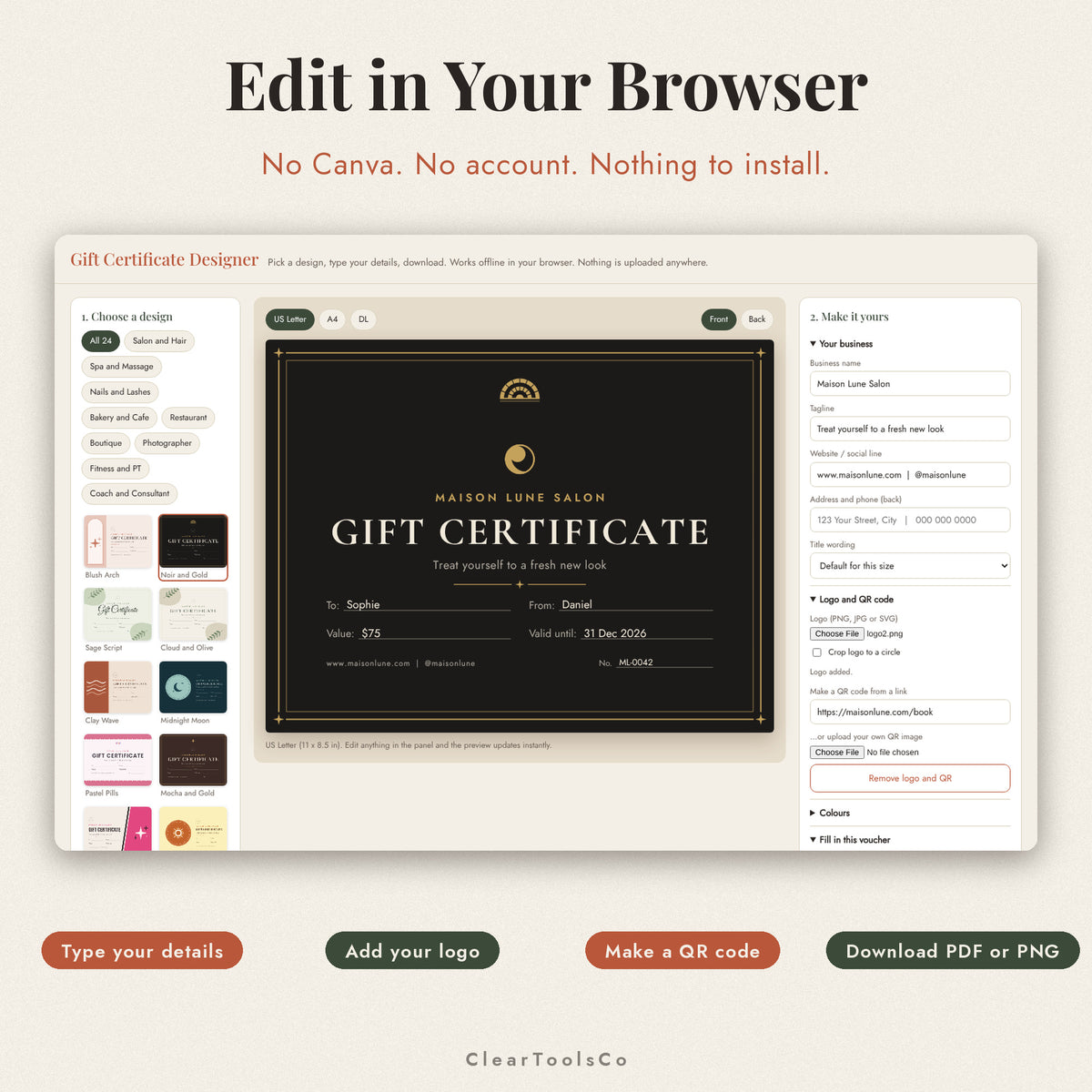 Editable Gift Certificate Template, Printable Gift Voucher for Small Business, Salon Spa Massage Photographer Gift Card, Instant Download