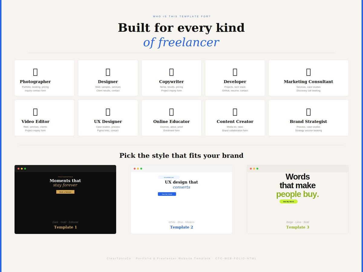 Freelancer Portfolio Website Template Bundle (3 Designs) Editable HTML