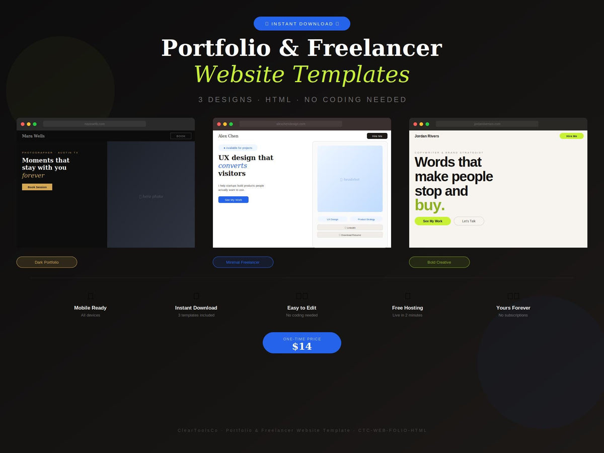 Freelancer Portfolio Website Template Bundle (3 Designs) Editable HTML