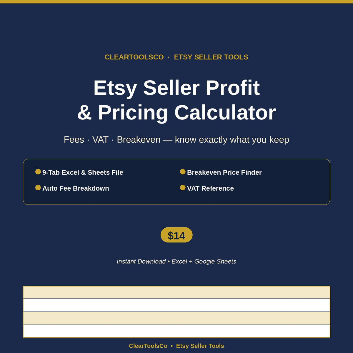 Etsy Seller Spreadsheet | Fee Profit Calculator | Seller Dashboard | Pricing Breakeven Tool | VAT Calculator | Excel Goo