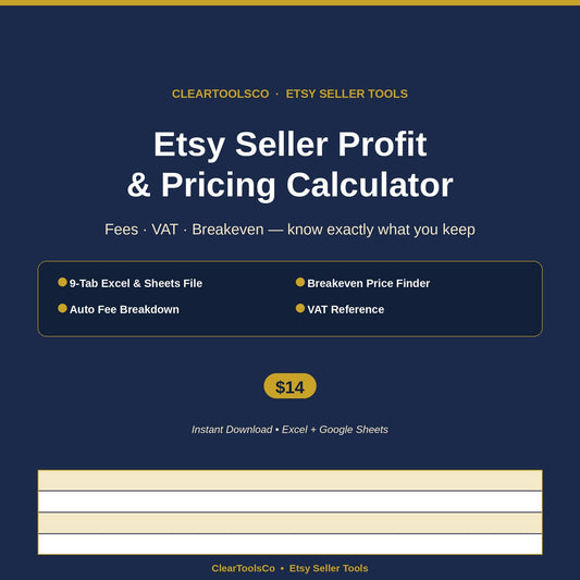 Etsy Seller Spreadsheet | Fee Profit Calculator | Seller Dashboard | Pricing Breakeven Tool | VAT Calculator | Excel Goo