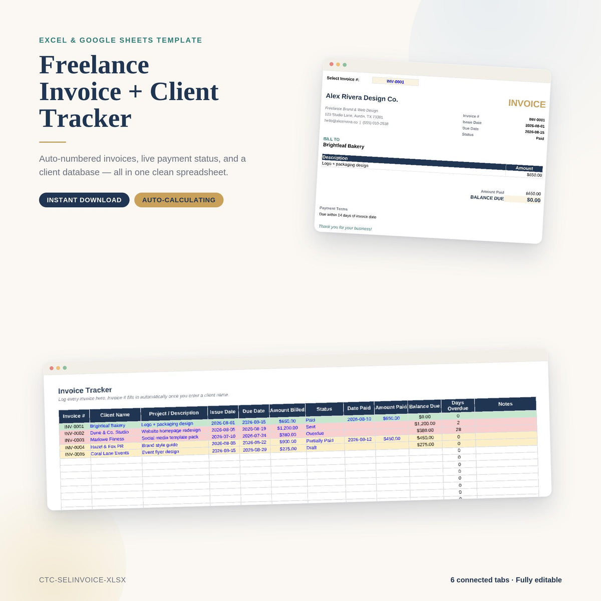 Invoice Tracker Excel Template | Freelance Client & Payment Status Log, Business Bookkeeping, Expense Spreadsheet