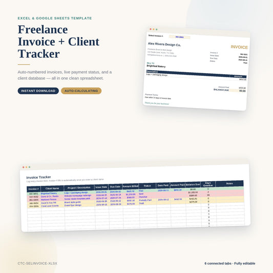 Invoice Tracker Excel Template | Freelance Client & Payment Status Log, Business Bookkeeping, Expense Spreadsheet