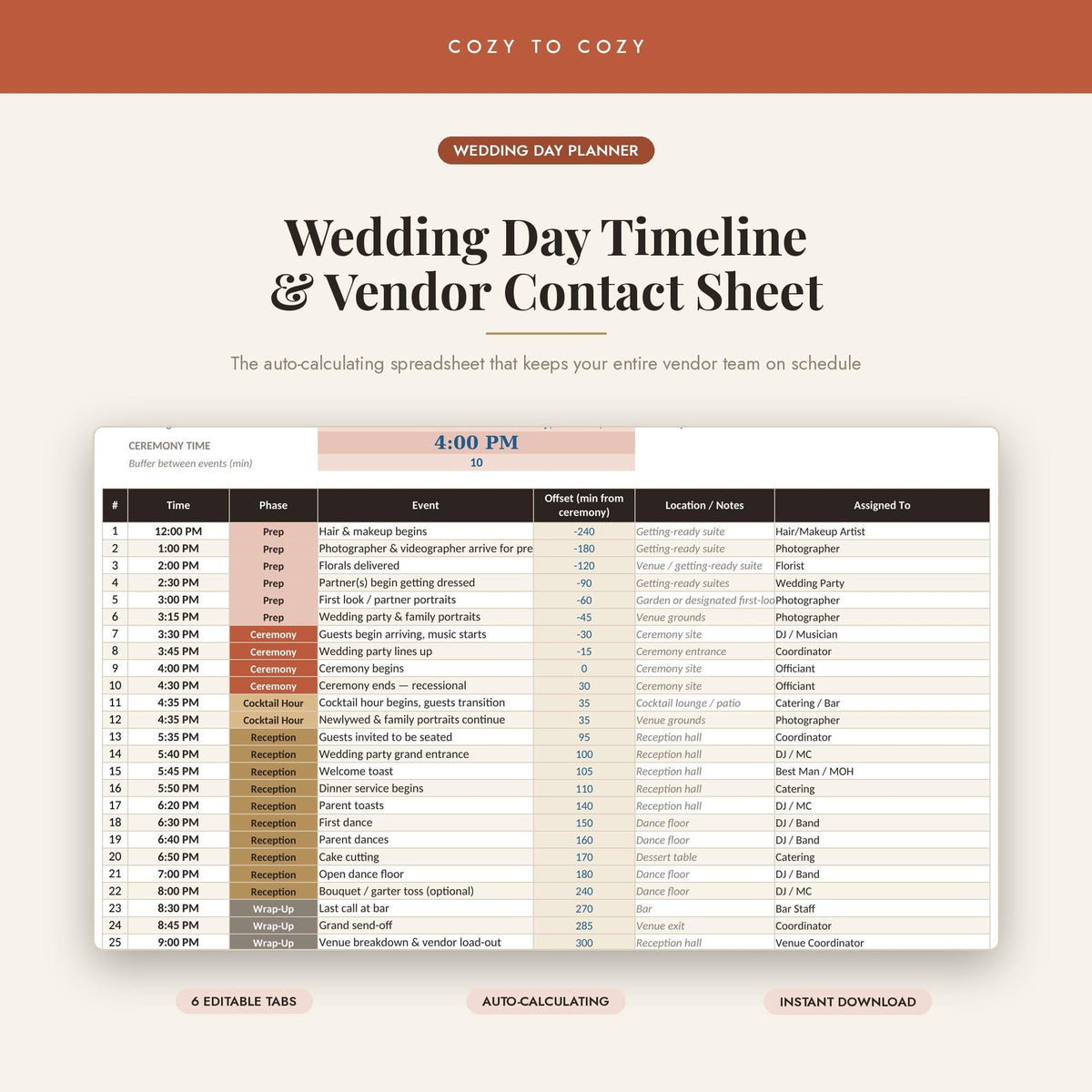 Wedding Day Timeline Template | Auto-Calculating Vendor Contact Sheet | Editable Excel Google Sheets Wedding Planner | D