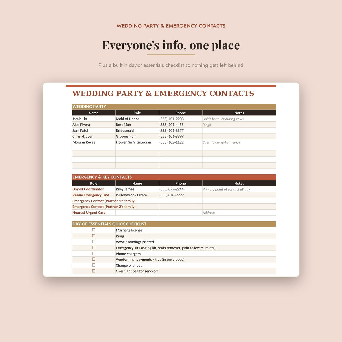 Wedding Day Timeline Template | Auto-Calculating Vendor Contact Sheet | Editable Excel Google Sheets Wedding Planner | D