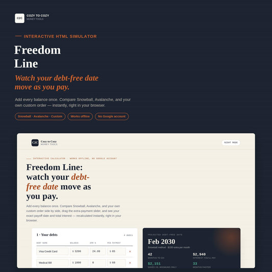 Freedom Line: Interactive Debt Payoff Simulator, Snowball Avalanche Calculator Tool, Debt Free Planner, Credit Card Loan