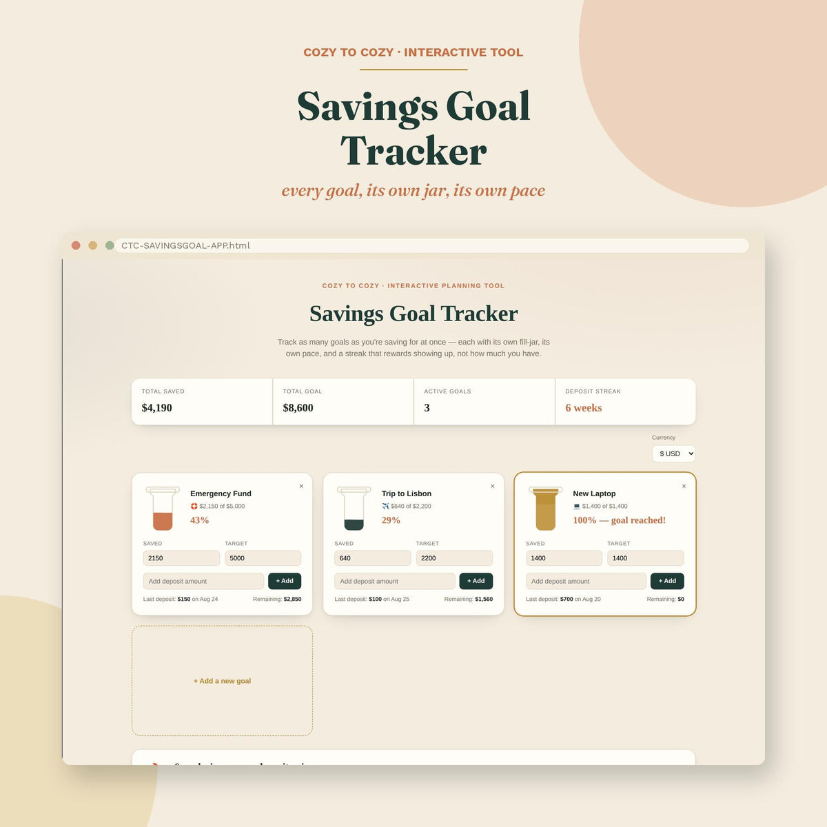 Savings Goal Tracker App, Interactive Savings Planner Multiple Goals, Digital Money Tracker, Emergency Fund Budget Plann