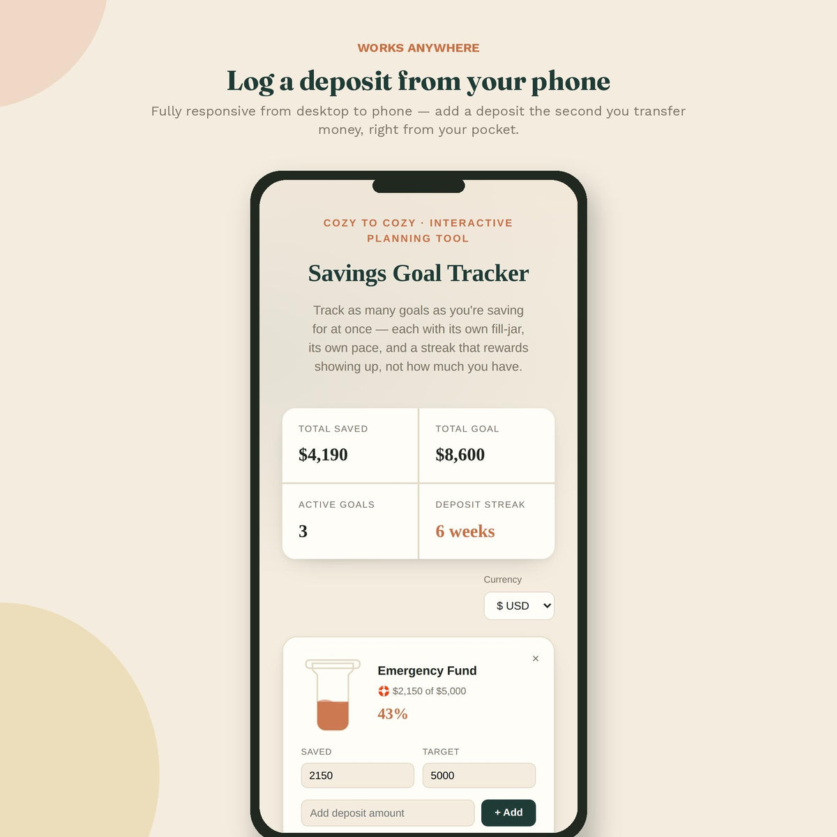 Savings Goal Tracker App, Interactive Savings Planner Multiple Goals, Digital Money Tracker, Emergency Fund Budget Plann