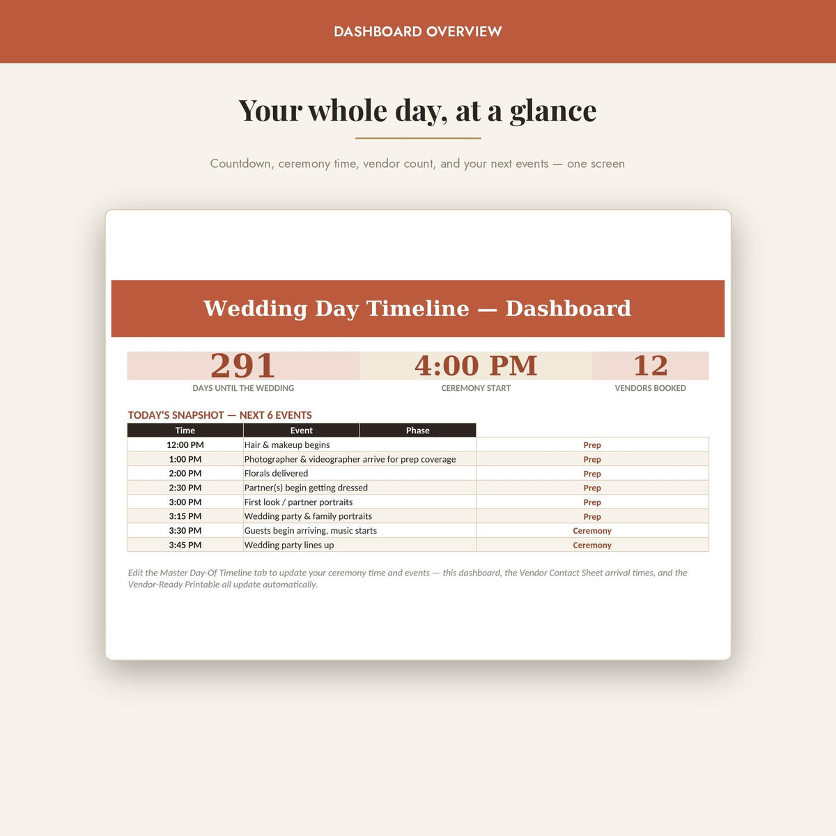 Wedding Day Timeline Template | Auto-Calculating Vendor Contact Sheet | Editable Excel Google Sheets Wedding Planner | D