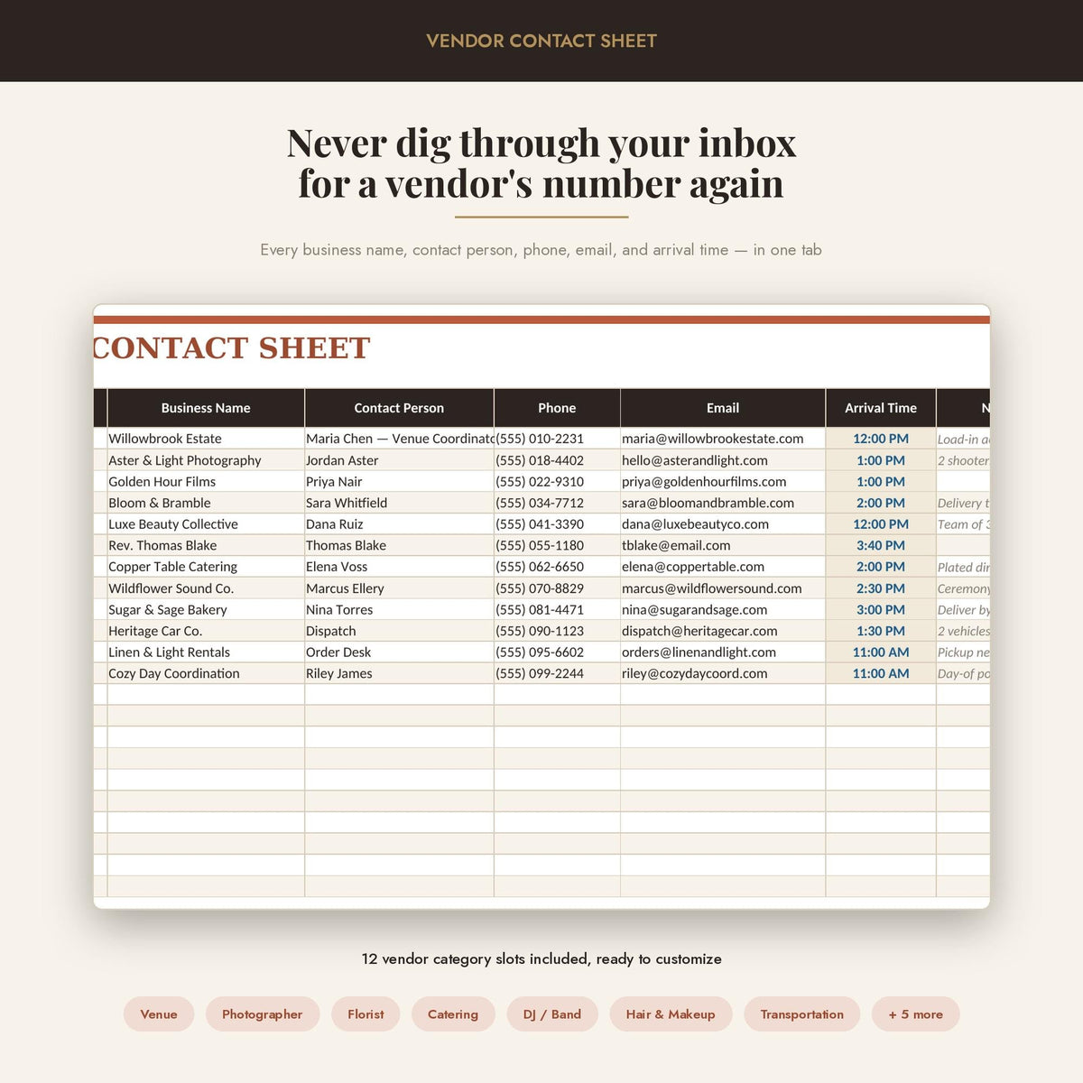 Wedding Day Timeline Template | Auto-Calculating Vendor Contact Sheet | Editable Excel Google Sheets Wedding Planner | D