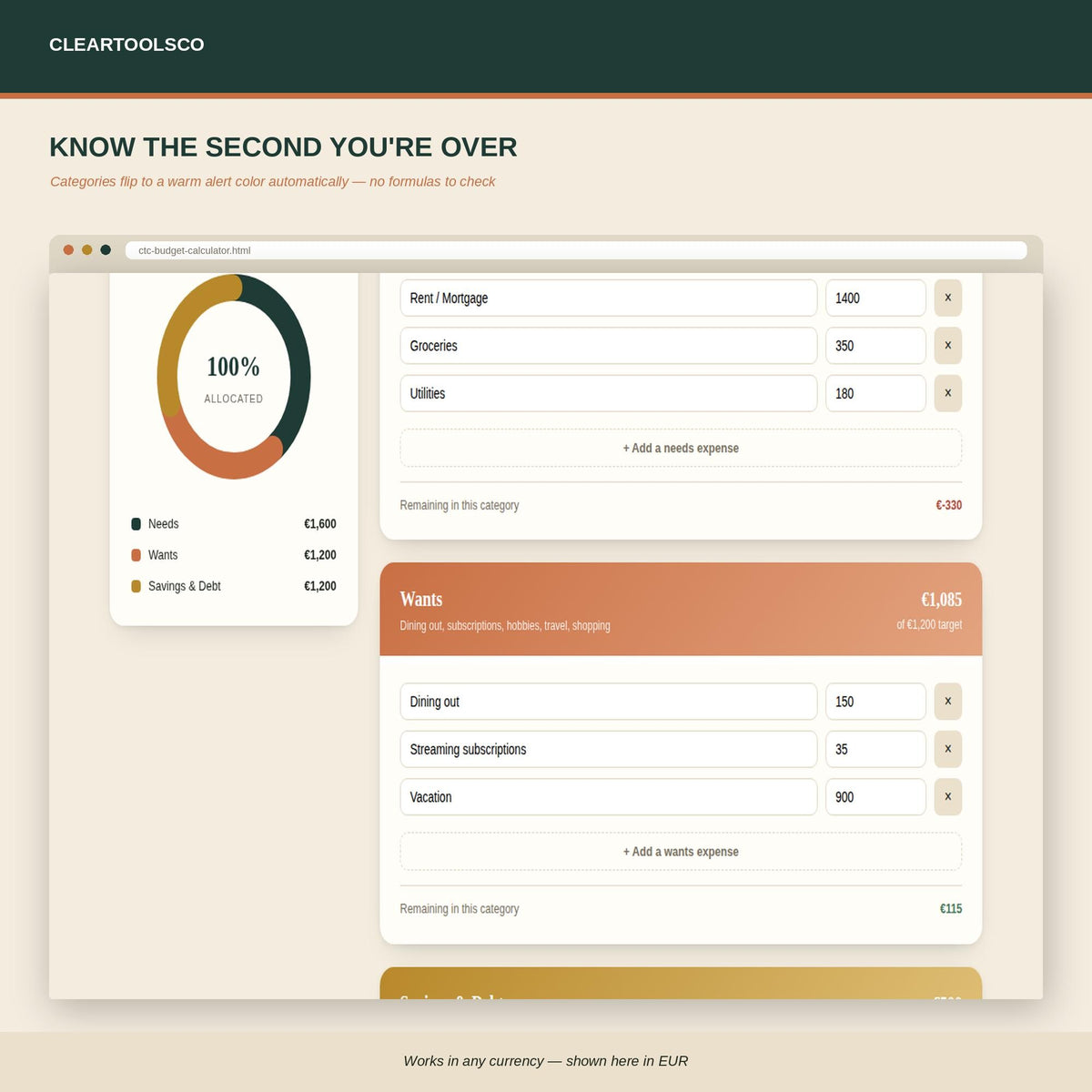 50/30/20 Budget Calculator, Interactive Budget App, Digital Money Management Tool, Excel Alternative HTML Budget Planner