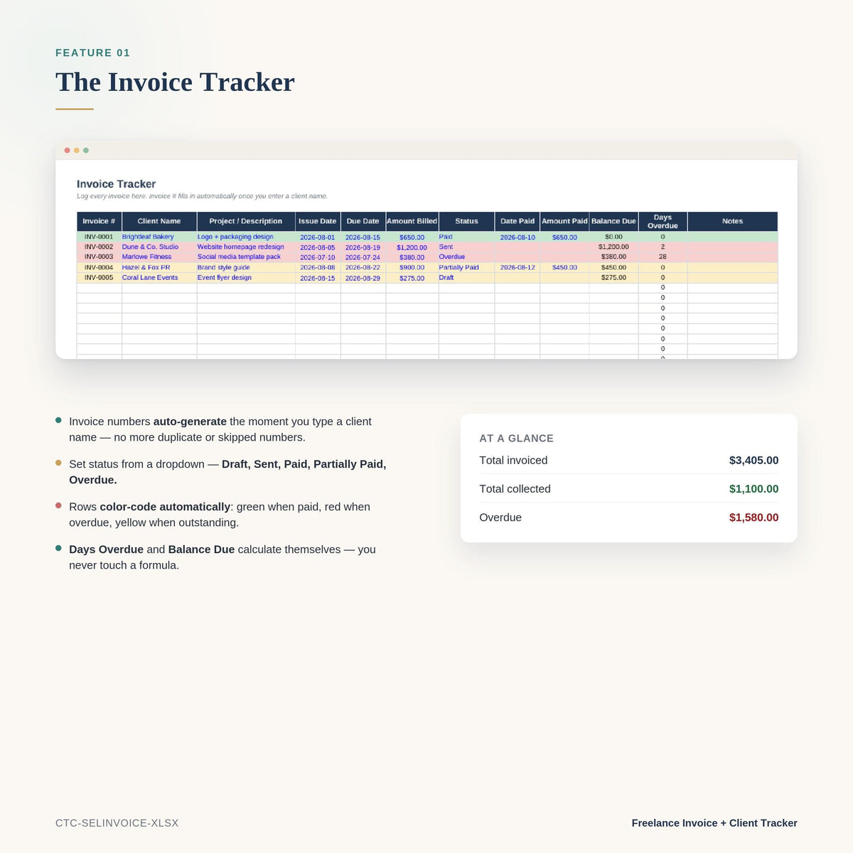 Invoice Tracker Excel Template | Freelance Client & Payment Status Log, Business Bookkeeping, Expense Spreadsheet