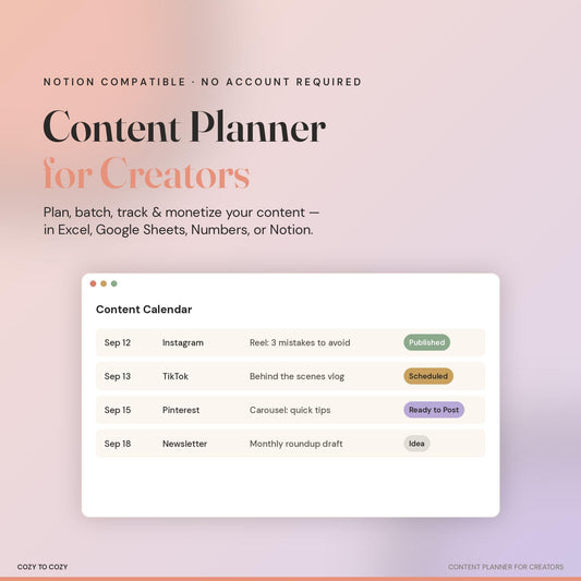 Notion Content Planner for Creators, Social Media Content Calendar, Content Creator Excel Template, Instagram TikTok Tra