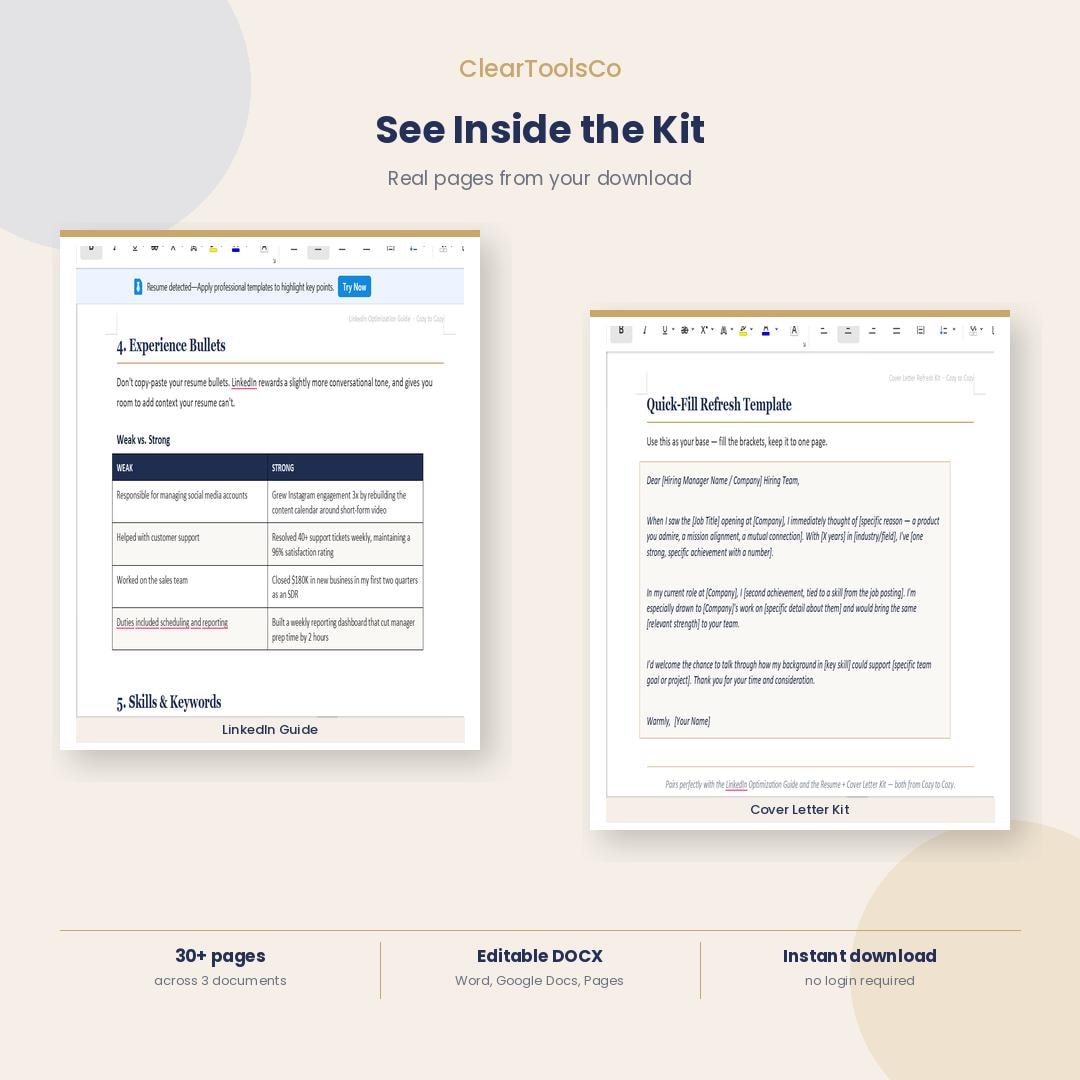 LinkedIn Profile Optimization Guide|Resume Template, Cover Letter | Career Job Search Kit | Professional Development Pla