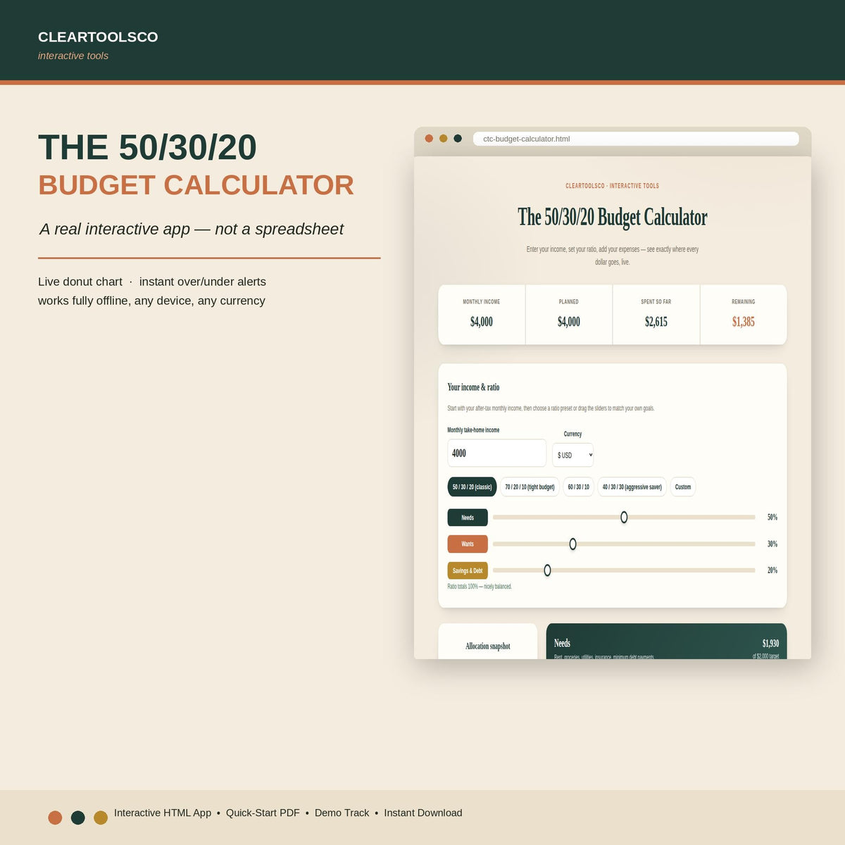 50/30/20 Budget Calculator, Interactive Budget App, Digital Money Management Tool, Excel Alternative HTML Budget Planner