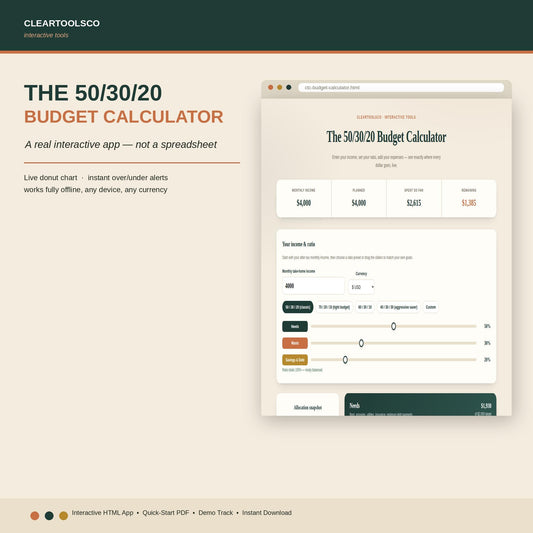 50/30/20 Budget Calculator, Interactive Budget App, Digital Money Management Tool, Excel Alternative HTML Budget Planner
