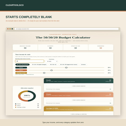 50/30/20 Budget Calculator, Interactive Budget App, Digital Money Management Tool, Excel Alternative HTML Budget Planner