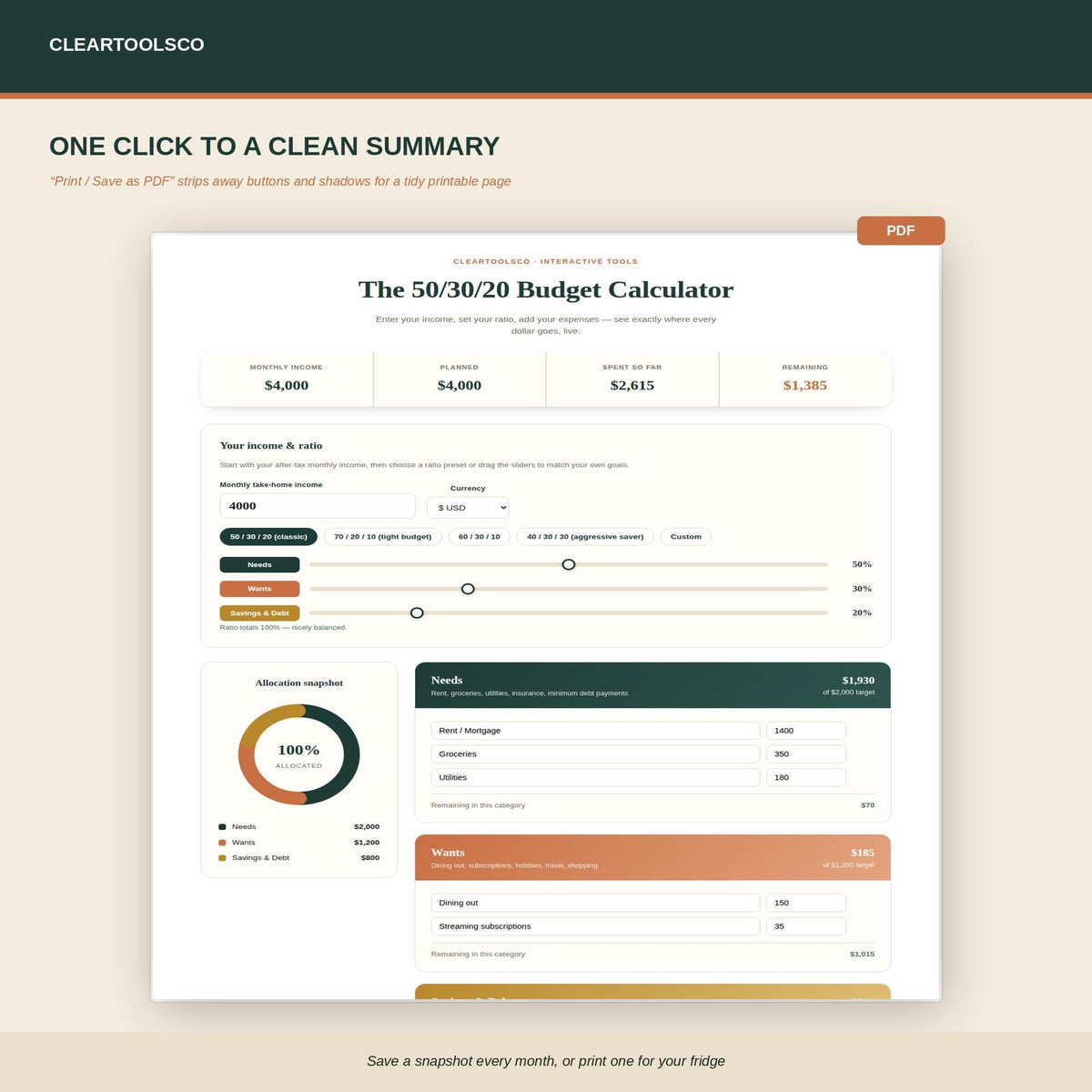 50/30/20 Budget Calculator, Interactive Budget App, Digital Money Management Tool, Excel Alternative HTML Budget Planner