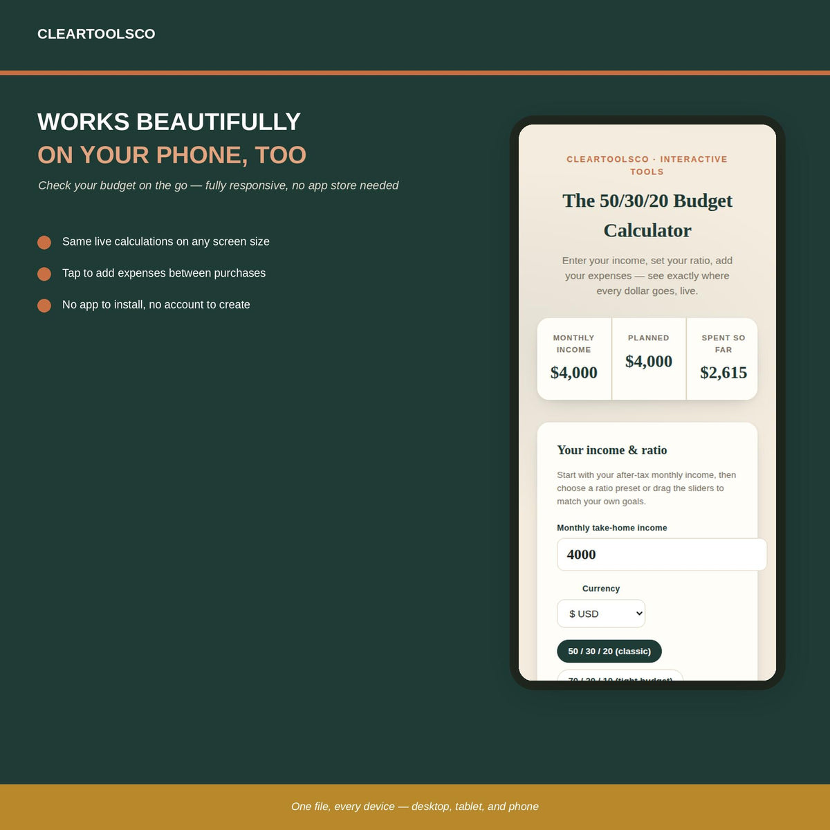 50/30/20 Budget Calculator, Interactive Budget App, Digital Money Management Tool, Excel Alternative HTML Budget Planner