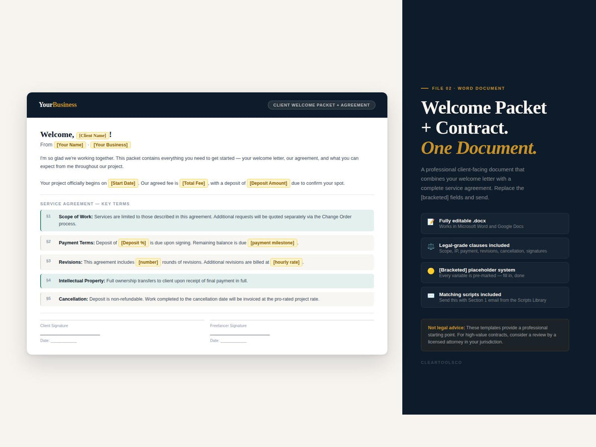 Freelancer Client Onboarding Kit | Welcome Packet, Contract, Rate Calculator, Client Portal, Email Scripts | Excel & She