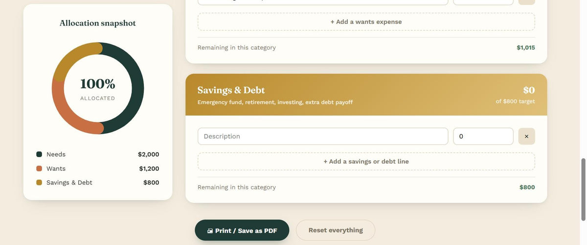 50/30/20 Budget Calculator, Interactive Budget App, Digital Money Management Tool, Excel Alternative HTML Budget Planner