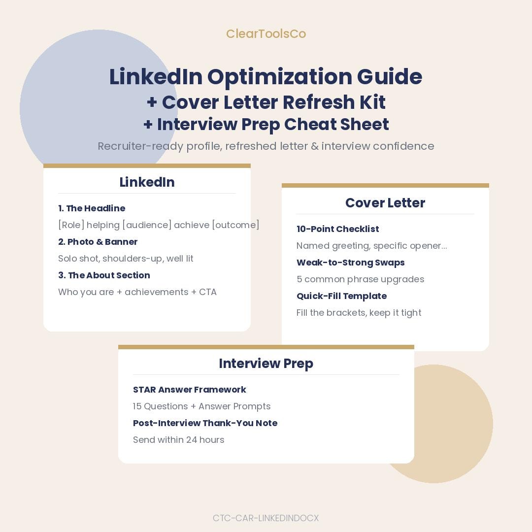 LinkedIn Profile Optimization Guide|Resume Template, Cover Letter | Career Job Search Kit | Professional Development Pla