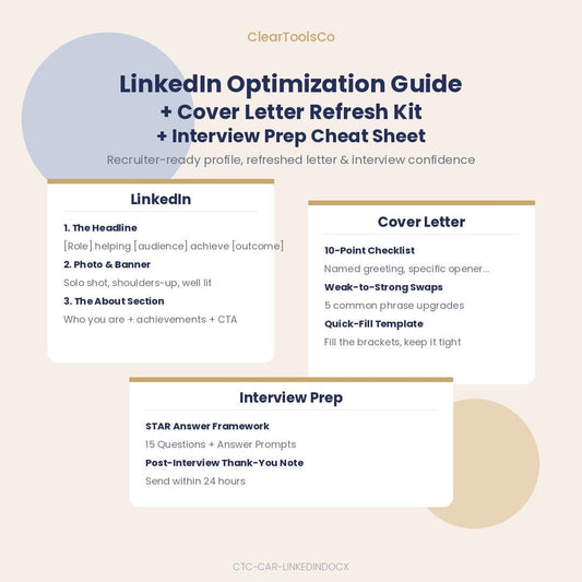 LinkedIn Profile Optimization Guide|Resume Template, Cover Letter | Career Job Search Kit | Professional Development Pla