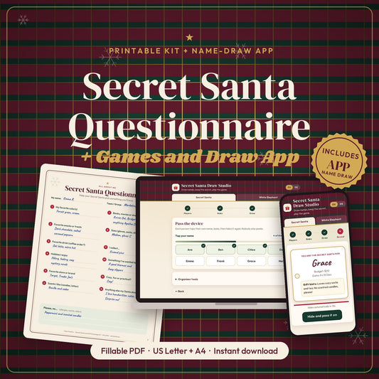 Secret Santa Questionnaire and Name Draw Generator, White Elephant Rules, Office Gift Exchange Game, Wichteln, Printable