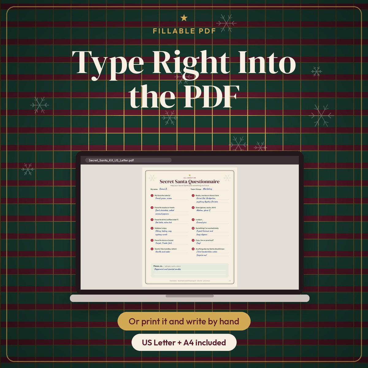 Secret Santa Questionnaire and Name Draw Generator, White Elephant Rules, Office Gift Exchange Game, Wichteln, Printable