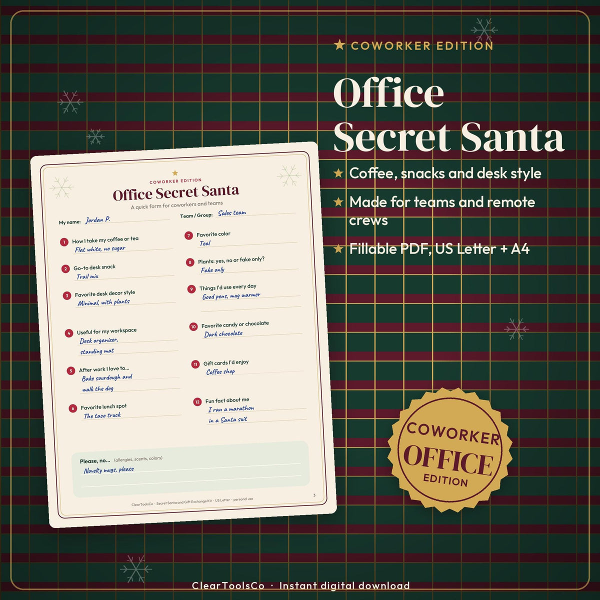 Secret Santa Questionnaire and Name Draw Generator, White Elephant Rules, Office Gift Exchange Game, Wichteln, Printable