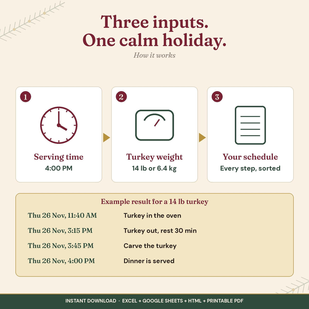 Holiday Dinner Planner Cooking Timeline Calculator, Thanksgiving Friendsgiving Christmas Meal Planner, Excel Google Shee