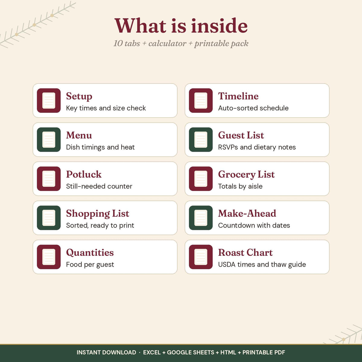Holiday Dinner Planner Cooking Timeline Calculator, Thanksgiving Friendsgiving Christmas Meal Planner, Excel Google Shee