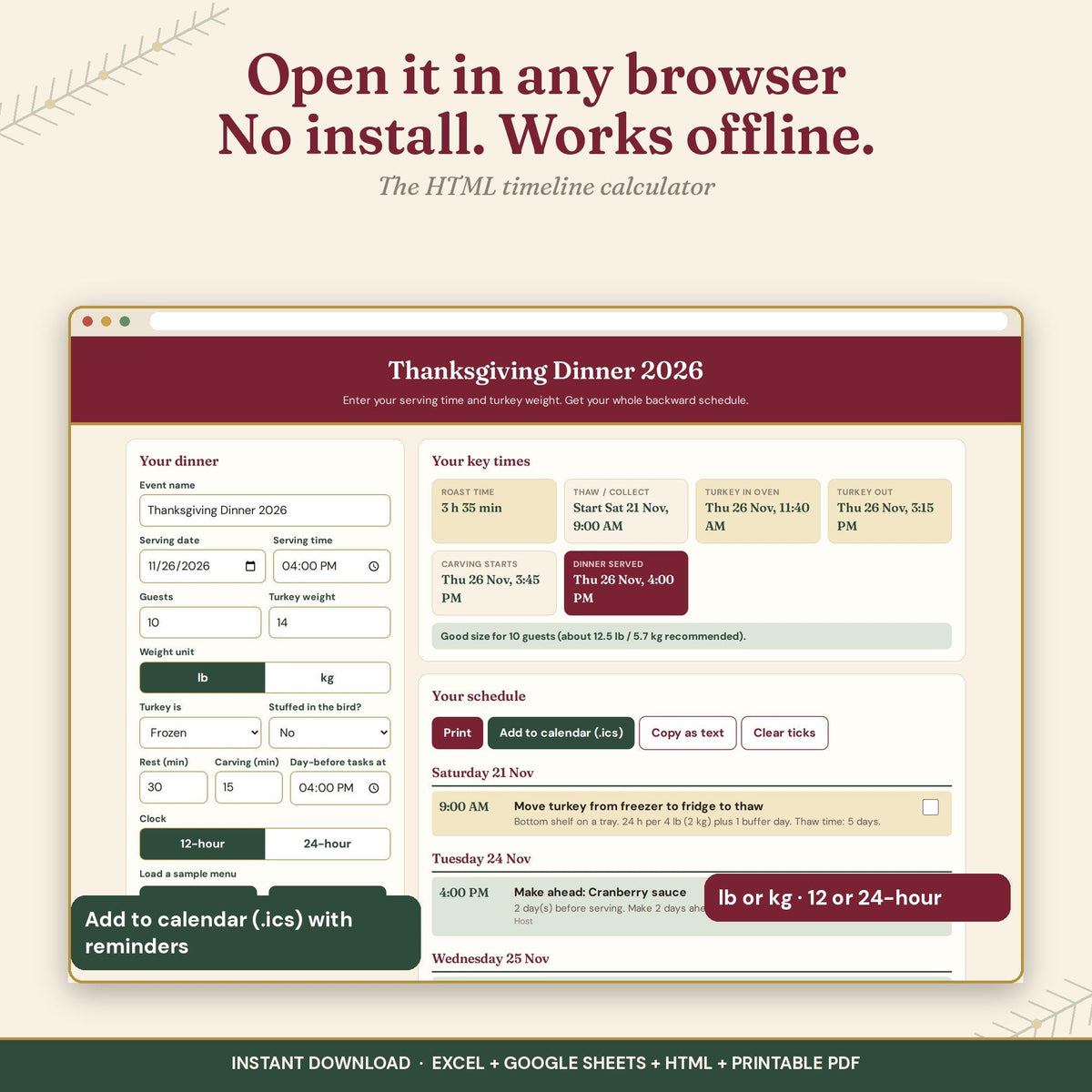 Holiday Dinner Planner Cooking Timeline Calculator, Thanksgiving Friendsgiving Christmas Meal Planner, Excel Google Shee