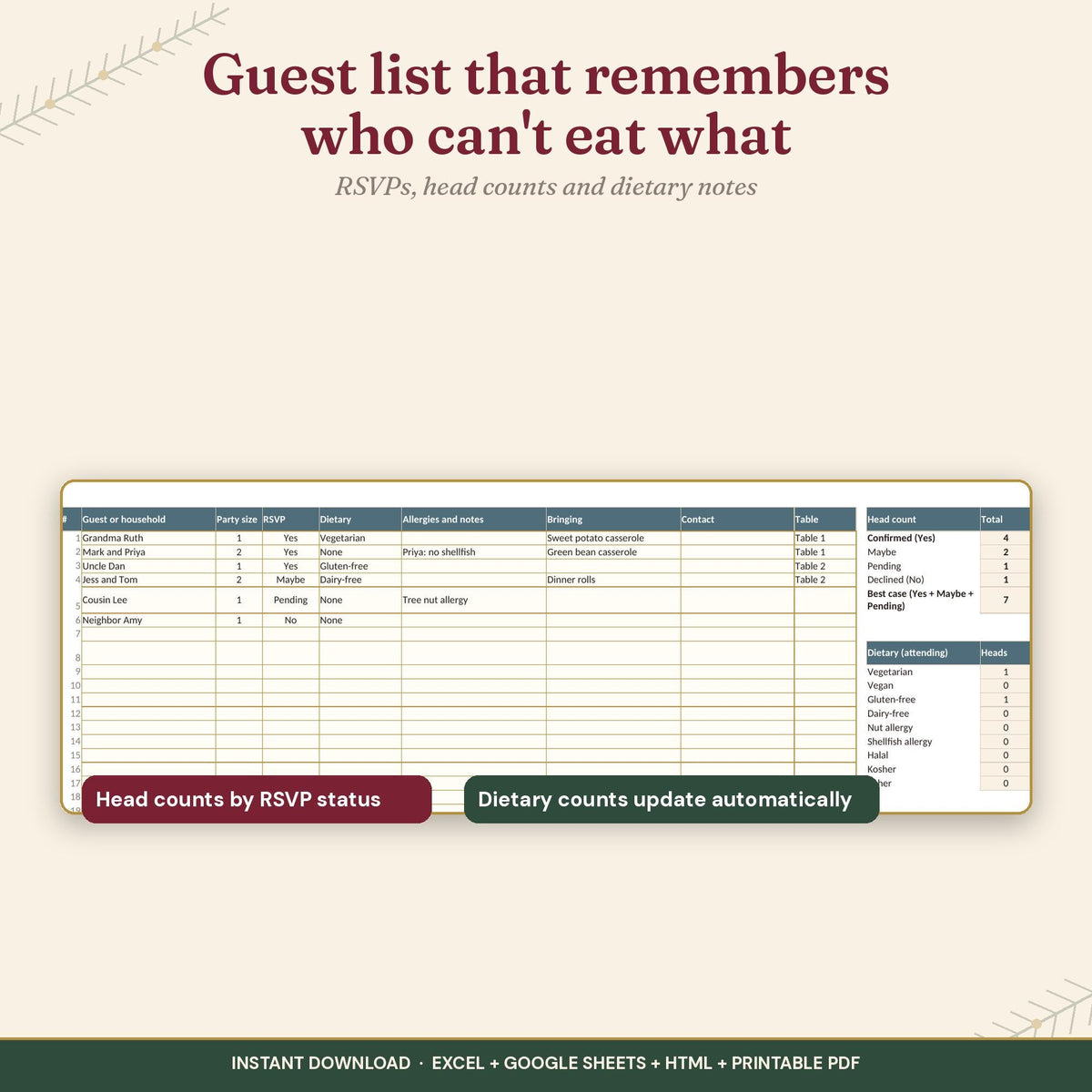 Holiday Dinner Planner Cooking Timeline Calculator, Thanksgiving Friendsgiving Christmas Meal Planner, Excel Google Shee