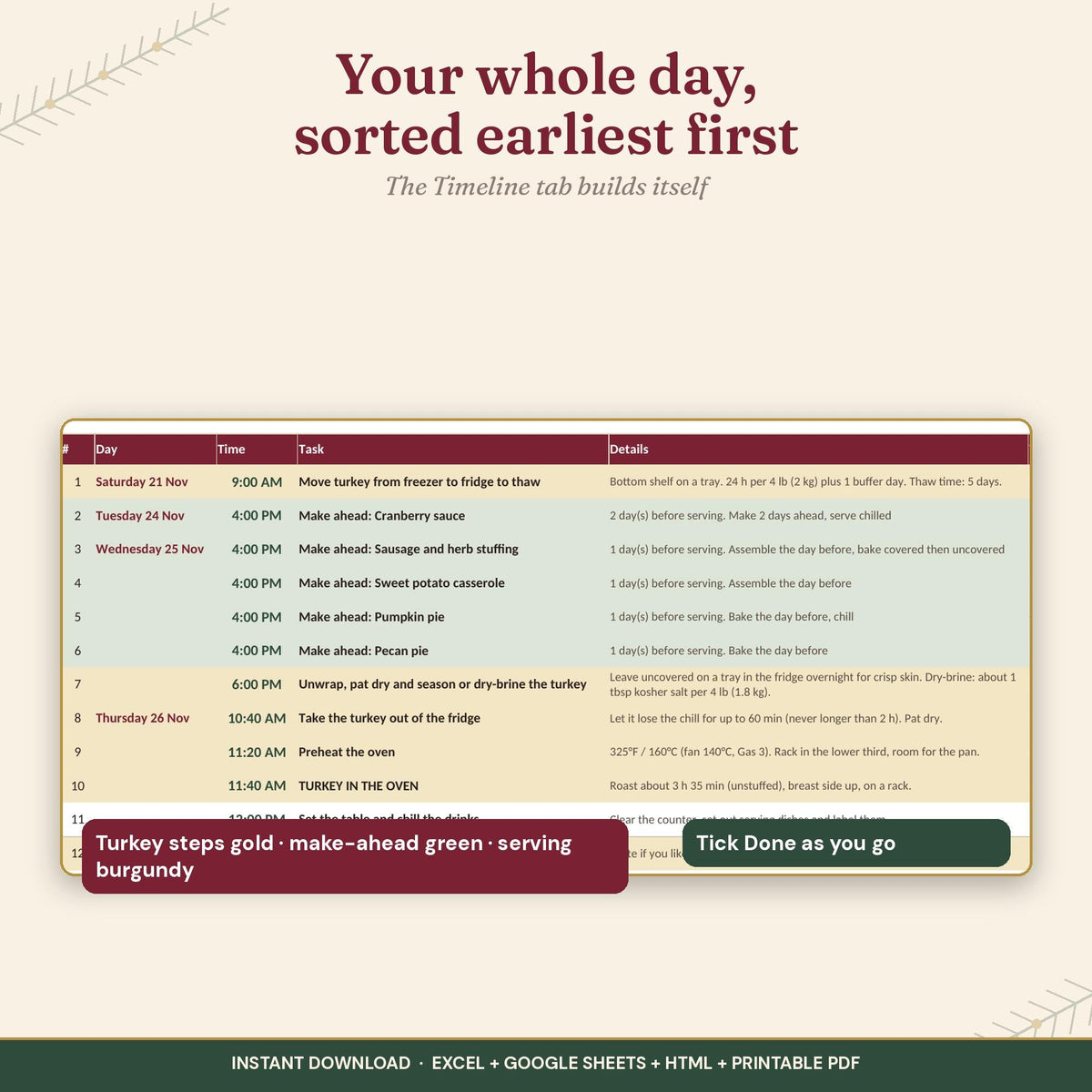 Holiday Dinner Planner Cooking Timeline Calculator, Thanksgiving Friendsgiving Christmas Meal Planner, Excel Google Shee