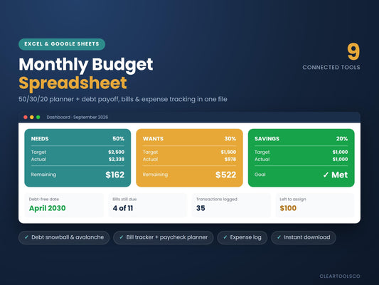 Monthly Budget Spreadsheet Excel Google Sheets, 50/30/20 Budget Planner, Debt Payoff Tracker, Bill + Expense Tracker, Di
