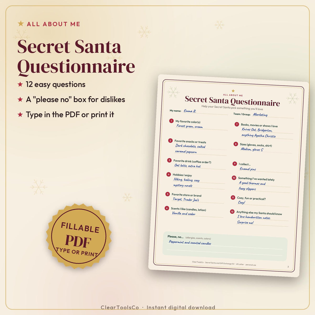 Secret Santa Questionnaire and Name Draw Generator, White Elephant Rules, Office Gift Exchange Game, Wichteln, Printable