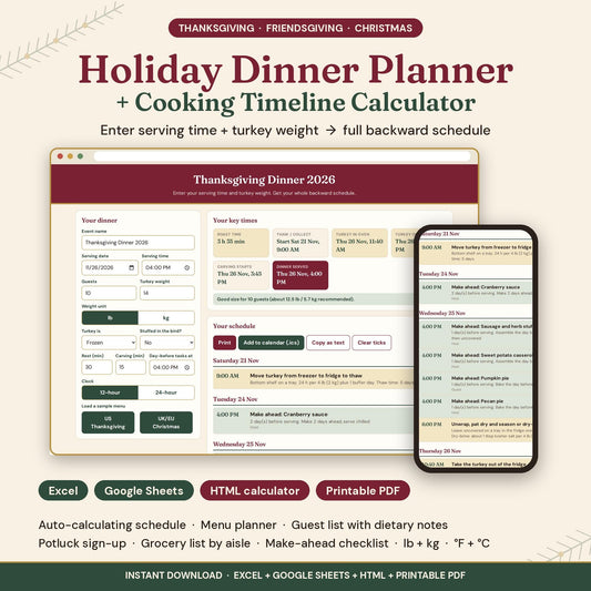 Holiday Dinner Planner Cooking Timeline Calculator, Thanksgiving Friendsgiving Christmas Meal Planner, Excel Google Shee