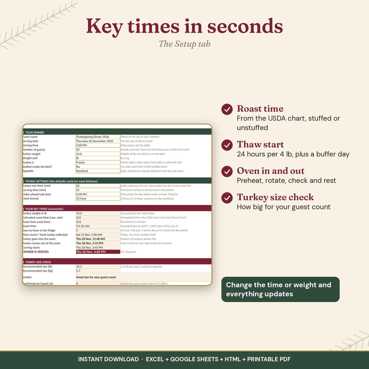 Holiday Dinner Planner Cooking Timeline Calculator, Thanksgiving Friendsgiving Christmas Meal Planner, Excel Google Shee