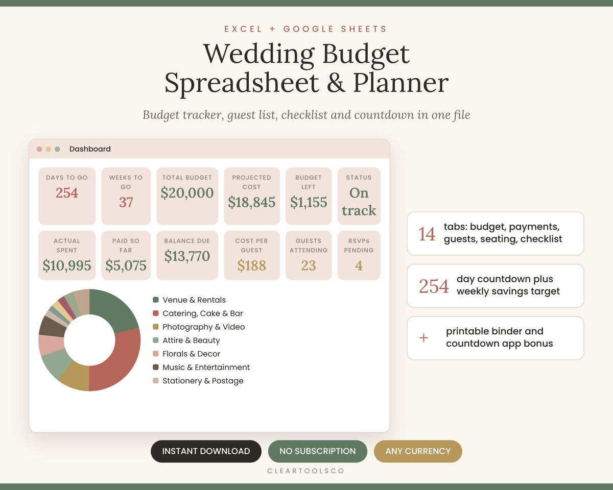 Wedding Budget Spreadsheet | Planner Excel & Google Sheets | Budget Tracker, Guest List, Seating Chart, Checklist, Count