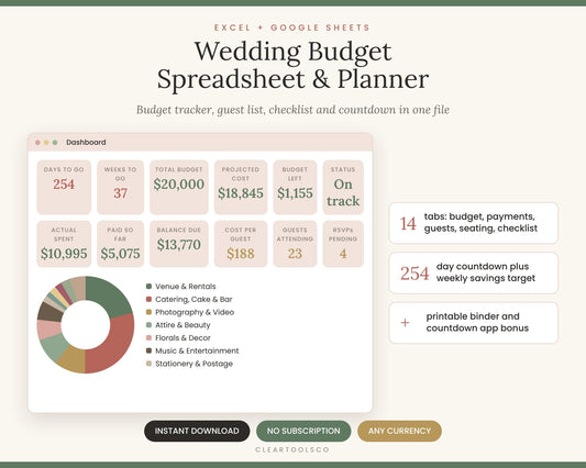 Wedding Budget Spreadsheet | Planner Excel & Google Sheets | Budget Tracker, Guest List, Seating Chart, Checklist, Count