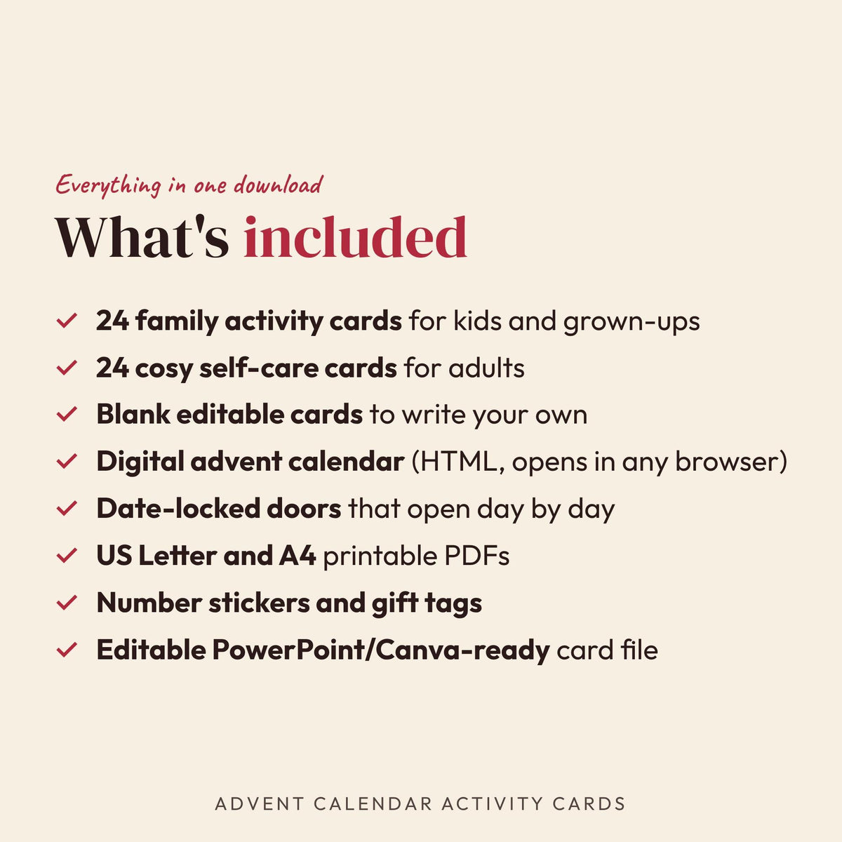 Printable Advent Calendar Activity Cards, Editable Digital Advent Calendar, Family and Adult Self Care Christmas Countdo