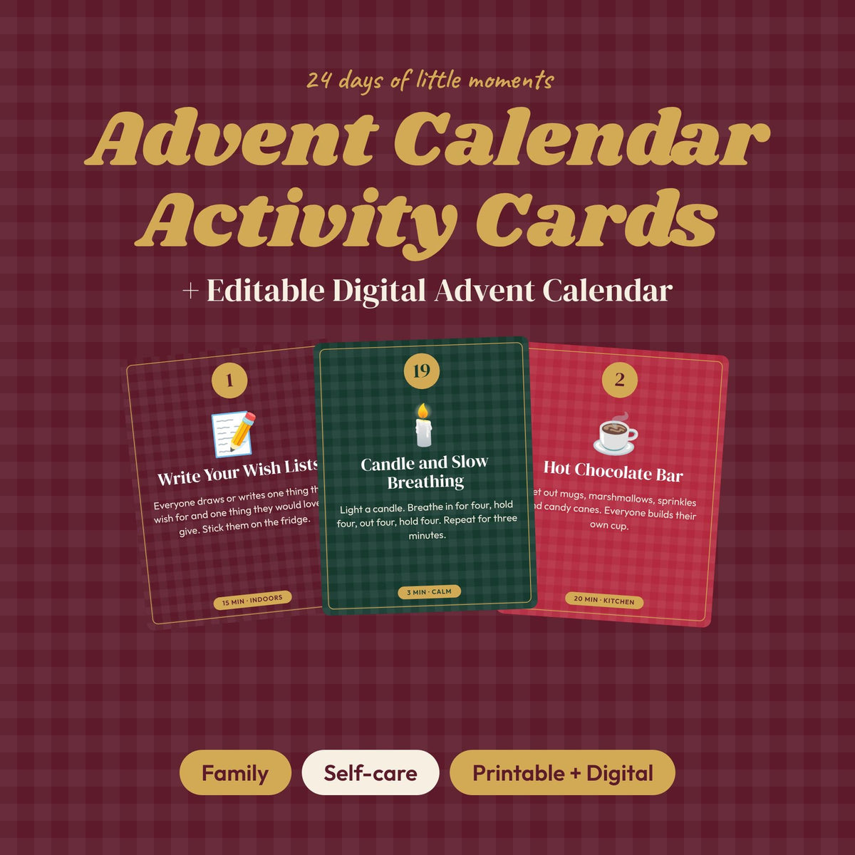 Printable Advent Calendar Activity Cards, Editable Digital Advent Calendar, Family and Adult Self Care Christmas Countdo