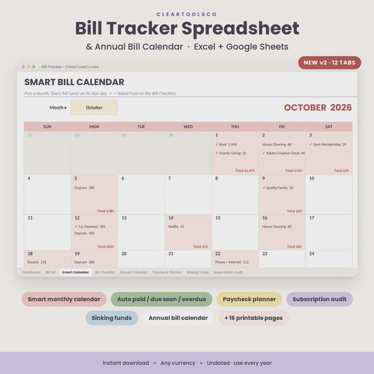 Bill Tracker Spreadsheet Google Sheets & Excel, Annual Bill Calendar, Subscription Tracker, Paycheck Budget, Sinking Funds, Monthly Budget
